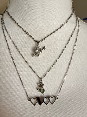 Silver-Tone Layered Necklace Set with Crystal Charm and Heart Links